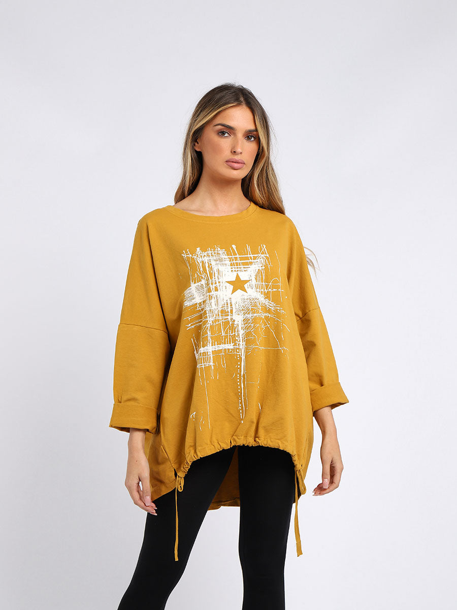 Abstract Star Drawstring Hem Oversized Top