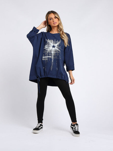 Abstract Star Drawstring Hem Oversized Top