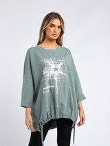 Abstract Star Drawstring Hem Oversized Top