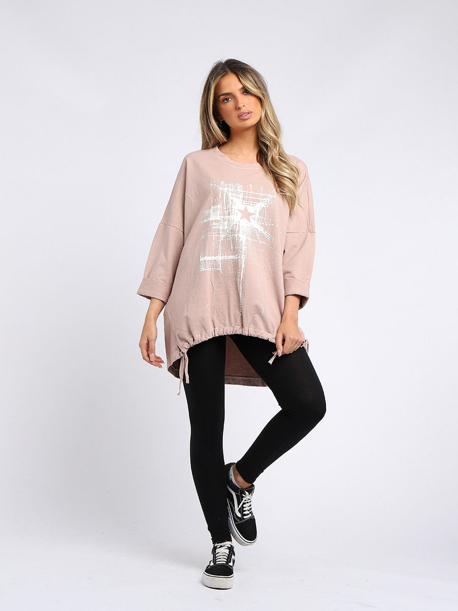 Abstract Star Drawstring Hem Oversized Top