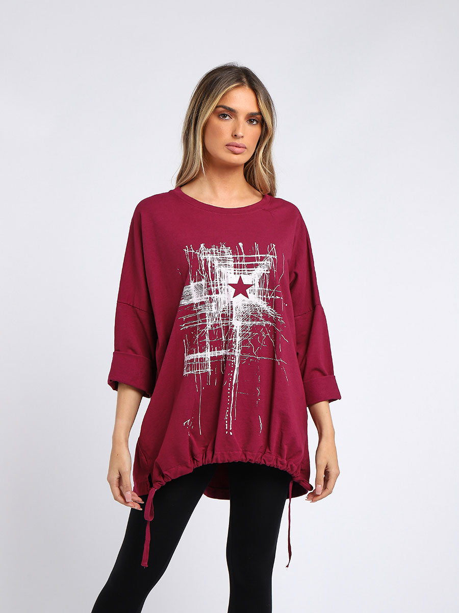 Abstract Star Drawstring Hem Oversized Top