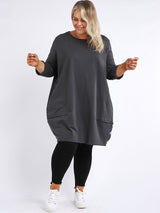 Ladies Plain Buttoned Hem Cotton Slouch Dress