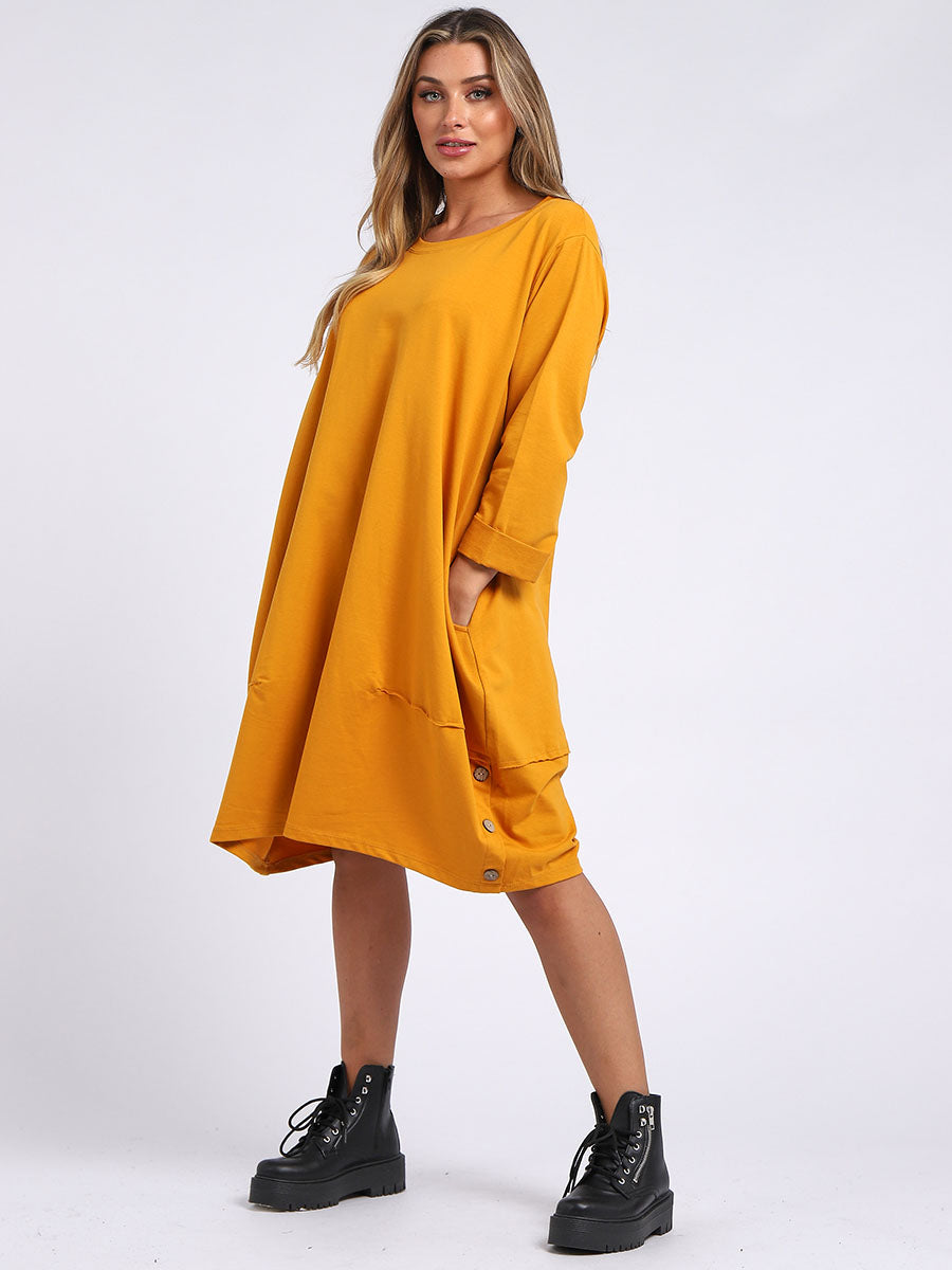 Ladies Plain Buttoned Hem Cotton Slouch Dress