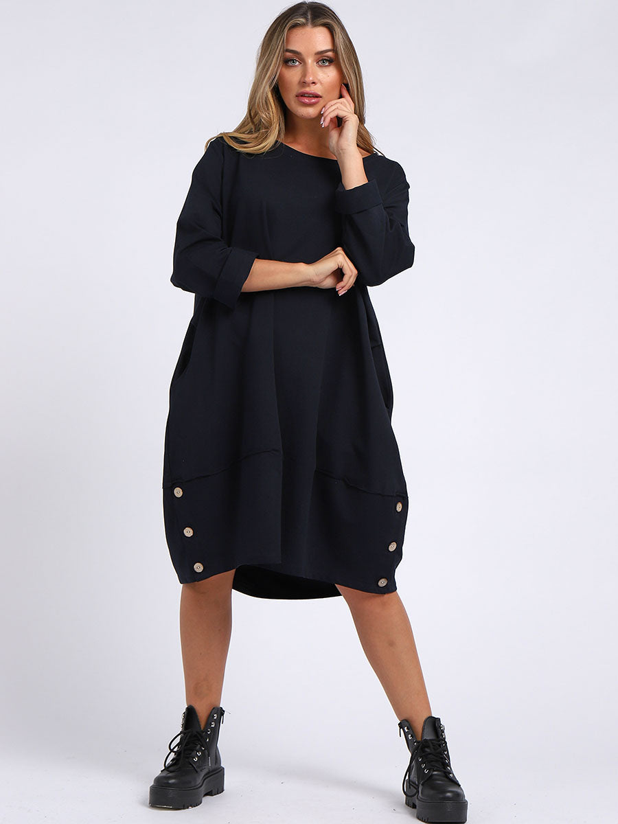 Ladies Plain Buttoned Hem Cotton Slouch Dress