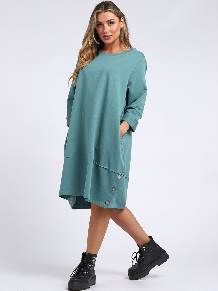 Ladies Plain Buttoned Hem Cotton Slouch Dress