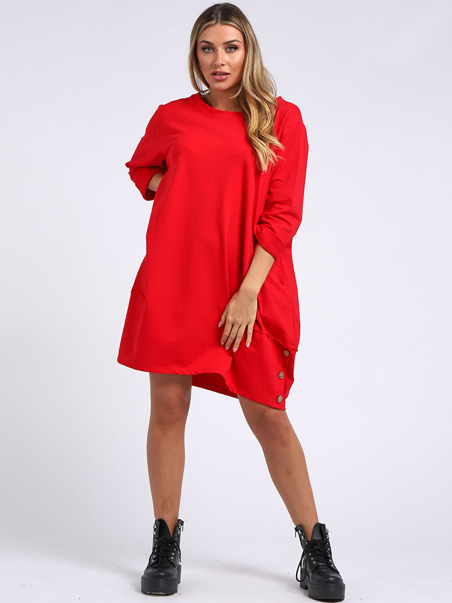 Ladies Plain Buttoned Hem Cotton Slouch Dress
