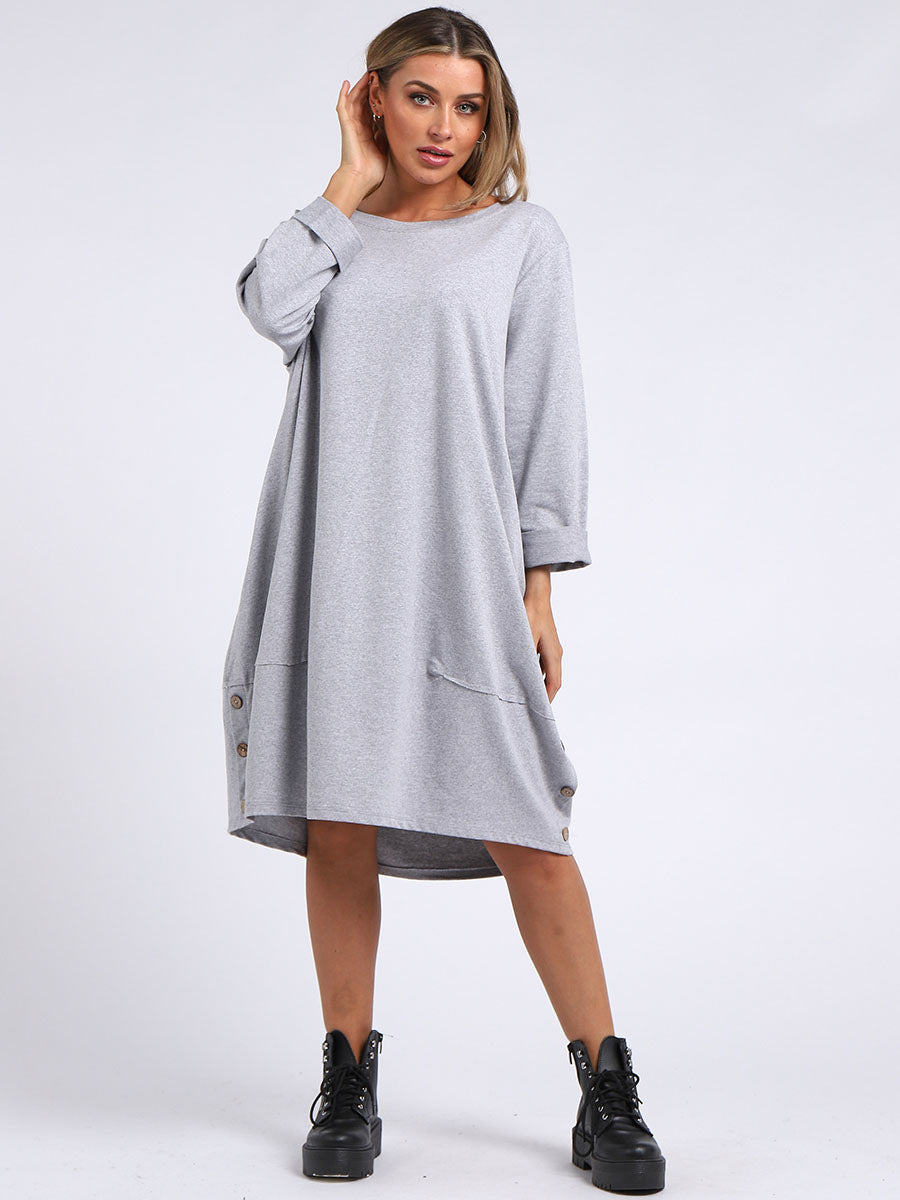 Ladies Plain Buttoned Hem Cotton Slouch Dress