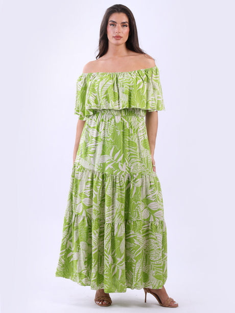 Plus Size Tropical Off Shoulder Tiered Maxi Dress