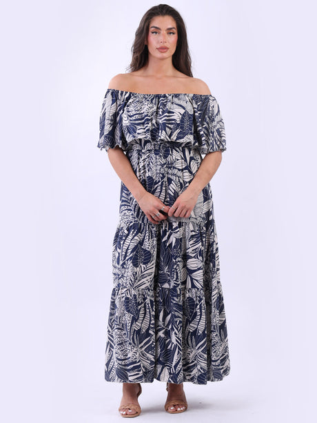 Oversized Off Shoulder Bardot Ruffle Trim Tropical Maxi Dress