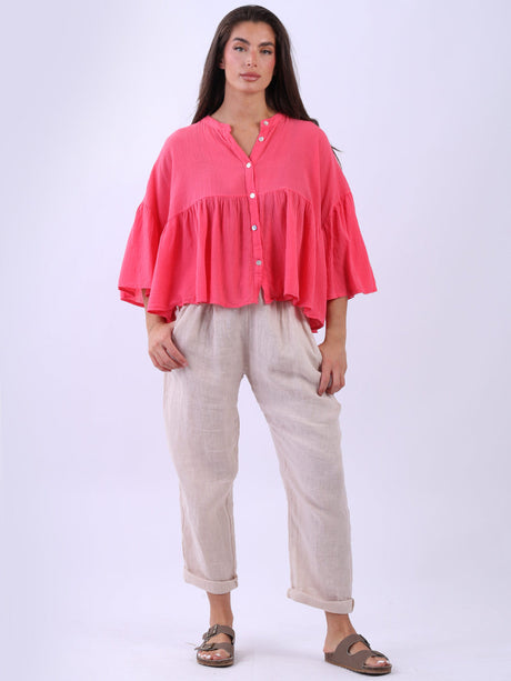 Plain Button Down Cotton Chic Ruffle Blouse