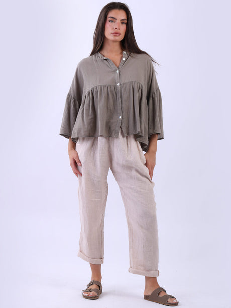 Plain Button Down Cotton Chic Ruffle Blouse