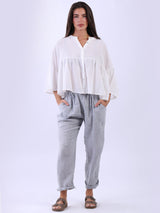 Plain Button Down Cotton Chic Ruffle Blouse