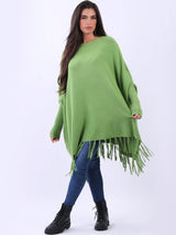 Plain Ribbed Knitted Fringed Tunic Poncho