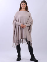 Plain Ribbed Knitted Fringed Tunic Poncho