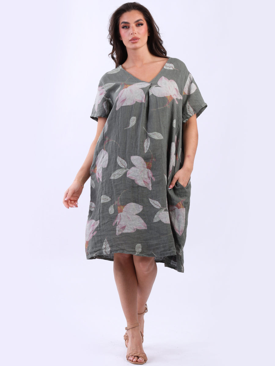 Women Oversized Floral Linen Midi Dress