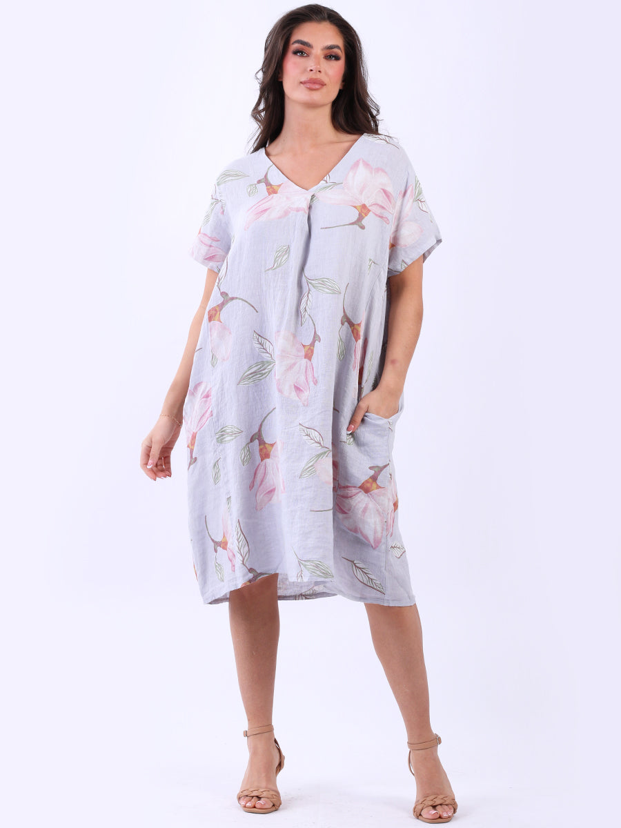 Women Oversized Floral Linen Midi Dress