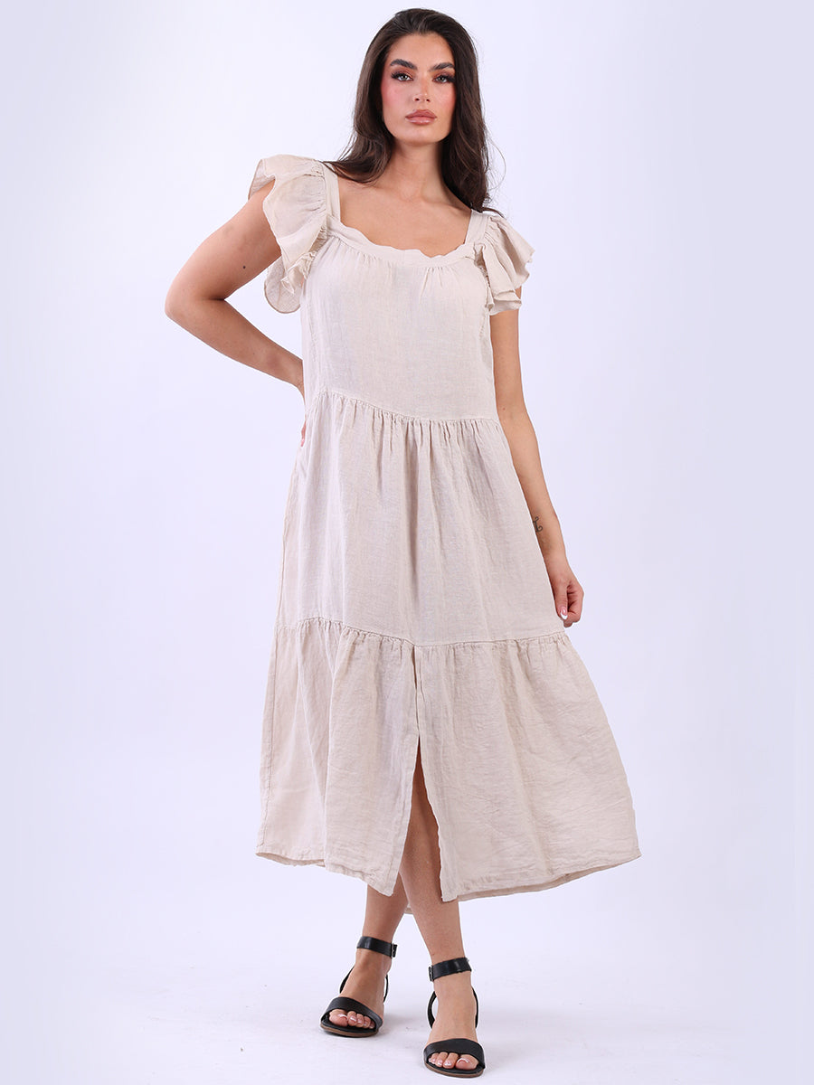 Plus Size Tiered Ruffle Plain Linen Swing Dress