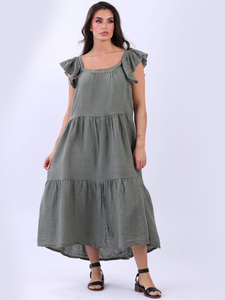 Plus Size Tiered Ruffle Plain Linen Swing Dress