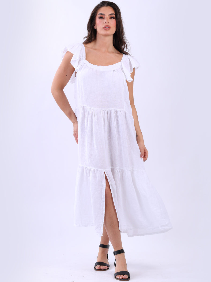 Plus Size Tiered Ruffle Plain Linen Swing Dress