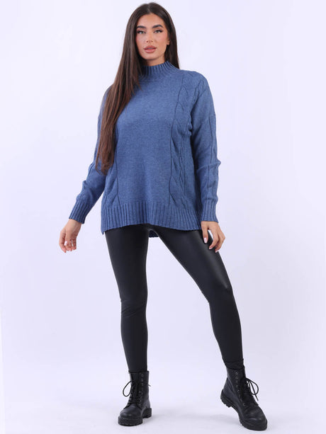 Cozy Funnel Neck Ladies Cable Knitted Ribbed Sweater