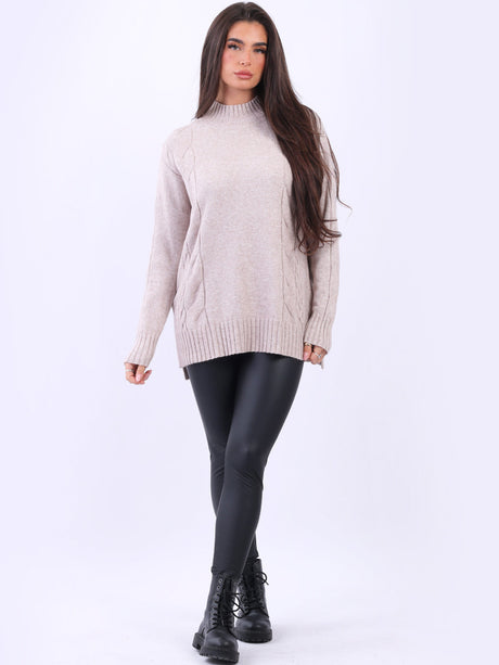 Cozy Funnel Neck Ladies Cable Knitted Ribbed Sweater