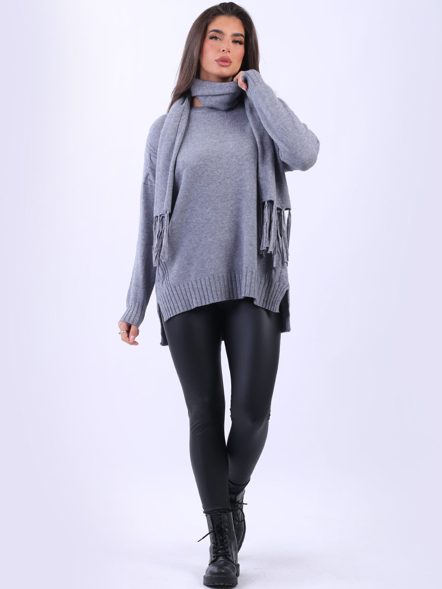 Cozy Cable Knit Baggy Knitted Sweater With Scarf