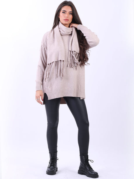 Cozy Cable Knit Baggy Knitted Sweater With Scarf