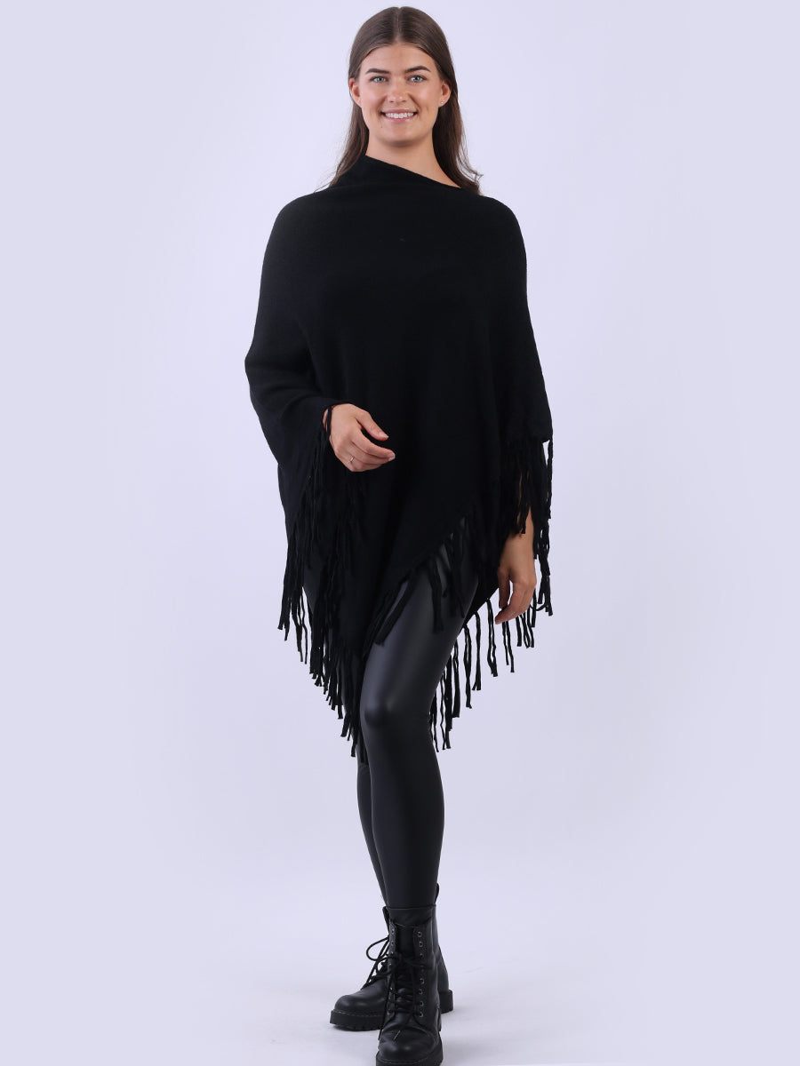 Cowl Neck Knitted Fringe Poncho