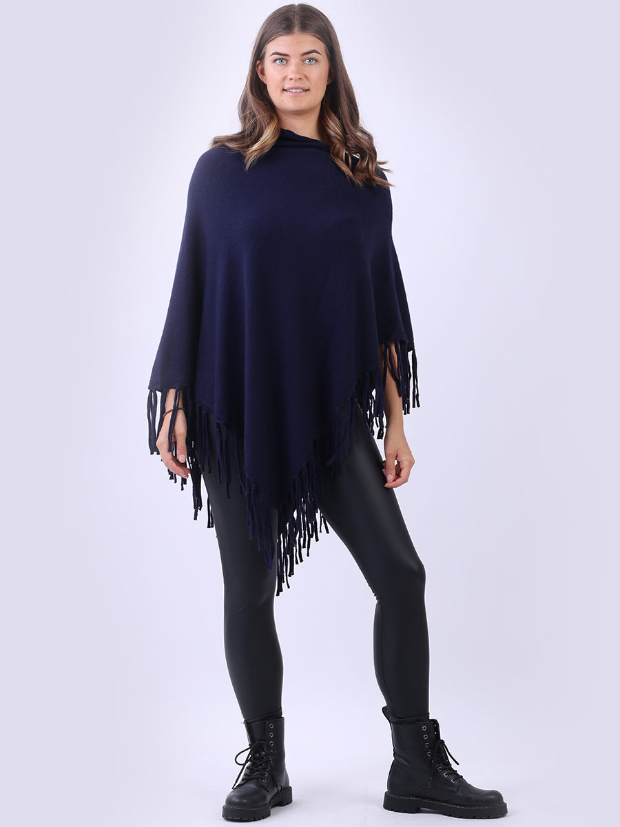 Cowl Neck Knitted Fringe Poncho