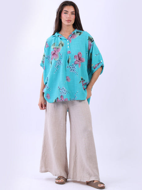 Women Floral Print Cotton Lagenlook Shirt Top