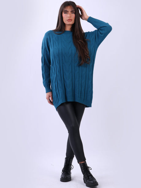 Ladies Plain Cable Knitted Ribbed Jumper