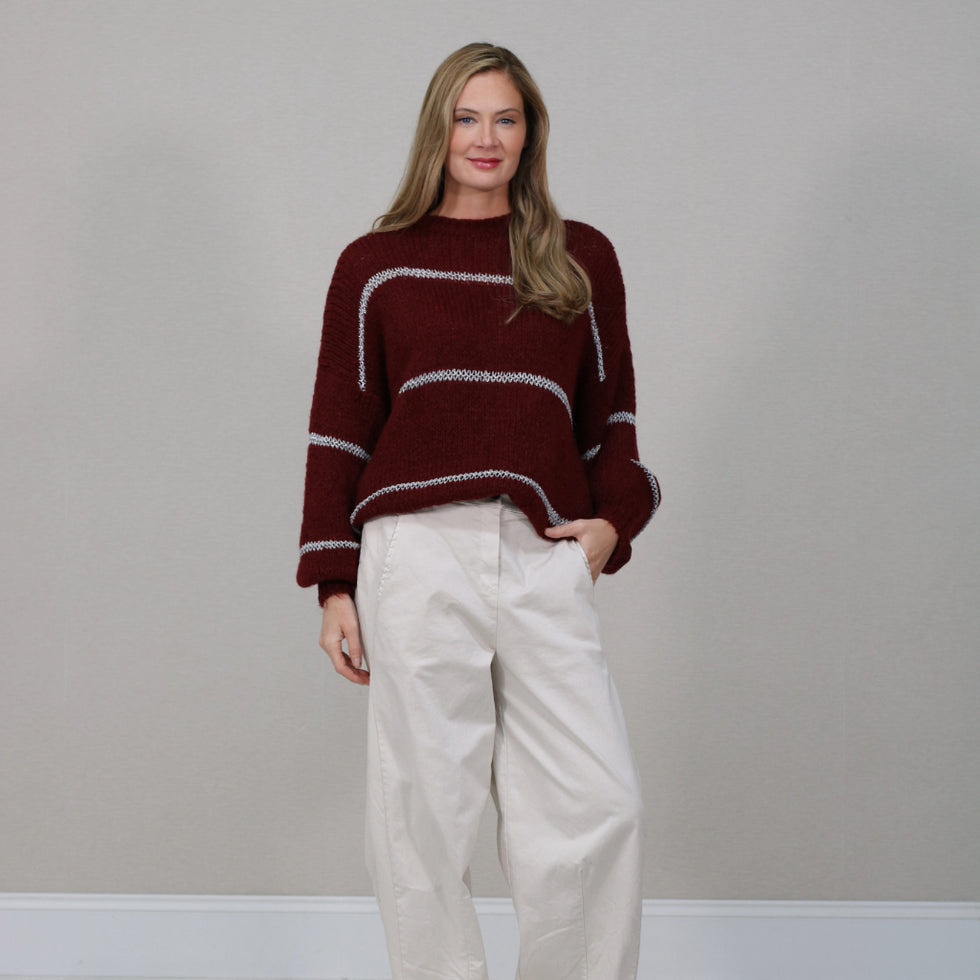 burgundy sweater with stripes
