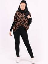 Zebra Print Cowl Neck Batwing Knitted Jumper